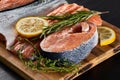 Raw salmon fillets and medallions