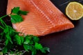 Raw salmon fillets pepper parsley salt lemon with aromatic herbs, spices Royalty Free Stock Photo