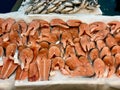 Raw Salmon Fish Fillets on Ice for Sale at Market Bazaar in Istanbul Royalty Free Stock Photo