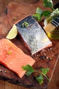 Raw Salmon Fish Meat on Cutting Board Royalty Free Stock Photo