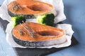 Raw Salmon Fish Steak with Dried Thyme Herbs Blue Background Fresh Fish Top View Copy Space Horizontal Royalty Free Stock Photo