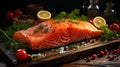 Raw salmon meat, salmon cooked on an old wooden slab, various herbs, kaffir lime leaves, lemongrass, mint leaves, garlic and Royalty Free Stock Photo