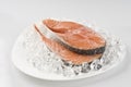 Raw salmon steak over ice