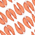 Raw salmon steak seamless pattern red fish flat vector illustration on white background