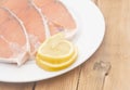 Raw salmon steak on white dish Royalty Free Stock Photo