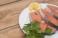 Raw salmon steak on white dish Royalty Free Stock Photo