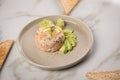 Raw salmon Tatar with dill, lemon zest, cream, avocado and whole grain toast bread on porcelain plate and marble background Royalty Free Stock Photo