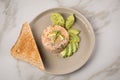 Raw salmon Tatar with dill, lemon zest, cream, avocado and whole grain toast bread on porcelain plate Royalty Free Stock Photo