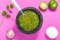 Raw salsa verde ingredients, Mexican food, green sauce Royalty Free Stock Photo