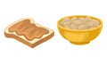Raw Salted Peanut in Bowl and Sweet Peanut Butter Spreaded on Bread Slice Vector Set