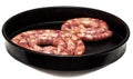 Raw sausages in a frying pan on a white background. Vegetables, green salad, spices and herbs Royalty Free Stock Photo