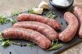 Raw Sausages on Slate with Herbs and Spices Royalty Free Stock Photo