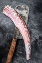 Raw sea eel fish on a cleaver. Black background. Top view Royalty Free Stock Photo