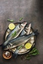 Raw sea fish sea bass on a plate with ice, rosemary and lemon, dark brown rustic background. Top view, flat lay, copy space Royalty Free Stock Photo
