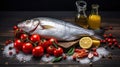 Raw sea fish dorado with seasonings and tomatoes. On a black rustic background. Generative AI Royalty Free Stock Photo