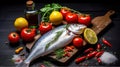 Raw sea fish dorado with seasonings and tomatoes. On a black rustic background. Generative AI Royalty Free Stock Photo