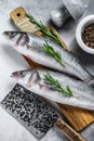 Raw seabass fish on a cutting board with spices, herbs. White background. Top view Royalty Free Stock Photo