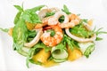 Raw seafood green salad with shrimps, squid rings, cucumber and arugula Royalty Free Stock Photo