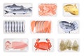 Raw seafood in plastic containers set, top view of cold fresh fish and sea products