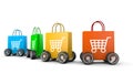 Raw of Shopping Bags with Cart Symbol and Wheels