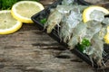 Fresh Raw shrimp close up food seafood isolated with lemon slice Royalty Free Stock Photo