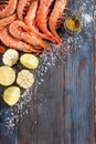 Raw shrimp, garlic, lime, curry and sea salt on a dark wooden background Royalty Free Stock Photo