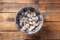 Raw Shrimp With Tails On Ready For Cooking In Prep Bowl On Rustic Wooden Table. Selective Focus. Top View With Copy Space. Royalty Free Stock Photo