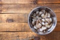 Raw Shrimp With Tails On Ready For Cooking In Prep Bowl On Rustic Wooden Table. Selective Focus. Top View With Copy Space. Royalty Free Stock Photo