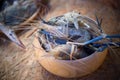 Raw shrimp in wood bowl Royalty Free Stock Photo