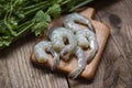 Raw shrimp on wooden cutting board background for cooking - close up fresh shrimps or prawns , Seafood shelfish Royalty Free Stock Photo