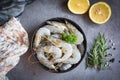 Raw shrimps prawns on bowl, Fresh shrimp seafood with herbs and spice Royalty Free Stock Photo