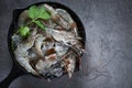 Raw shrimps prawns on ice bowl, Fresh shrimp seafood , white shrimp herbs and spice