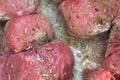 Raw sirloin beef tips cooking Royalty Free Stock Photo