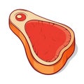 Raw slice of beef meat isolated on a white background. Colored line art. Cartoon retro design.