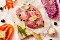 Raw slices meat with spices and herbs Royalty Free Stock Photo