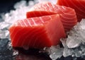 Raw slices of tuna fish for steak on ice cubes.Macro.AI generative Royalty Free Stock Photo