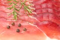 Raw smoked black forest ham background. ham texture. top view. macro Royalty Free Stock Photo