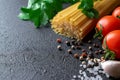 Raw spaghetti on a black background with tomatoes, spices and coarse sea salt Royalty Free Stock Photo