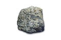 Raw specimen acicular habit mineral of stibnite rock stone isolated on white background.