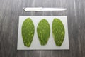 Raw spineless fresh green Mexican nopales on a chopping board and knife ready to cook