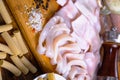 Raw squid composition on a wooden background