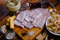 Raw squid composition on a wooden background