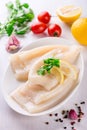 Raw squids and ingredients on the white plate Royalty Free Stock Photo