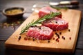 raw steak with rosemary and peppercorns on board