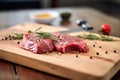 raw steak with rosemary and peppercorns on board