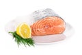 Raw steak of salmon on white plate isolated