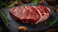 Premium Raw Beef Steak with Fresh Rosemary and Nutmeg on Dark Slate Board, Ready to Cook Royalty Free Stock Photo
