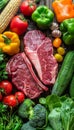 Raw steak surrounded by vegetables and greens on white wooden table, aerial view for cooking Royalty Free Stock Photo