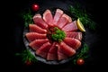raw steak of tuna on the black plate around on the table the ingredients for cooking. generative AI
