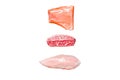 Raw steaks. Beef top blade, salmon fillet and Turkey breast. Organic fish, poultry and beef meat. Isolated on white Royalty Free Stock Photo